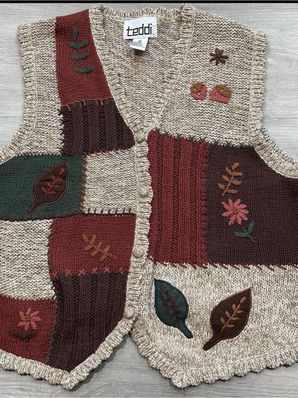 Teddi Patchwork Knit Vest in Cream, Brown, Rust & Forest Green